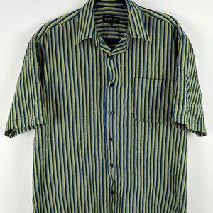Black Ice Casual Button Down Shirt Size M Blue Green Short Sleeve Pocket Polyest